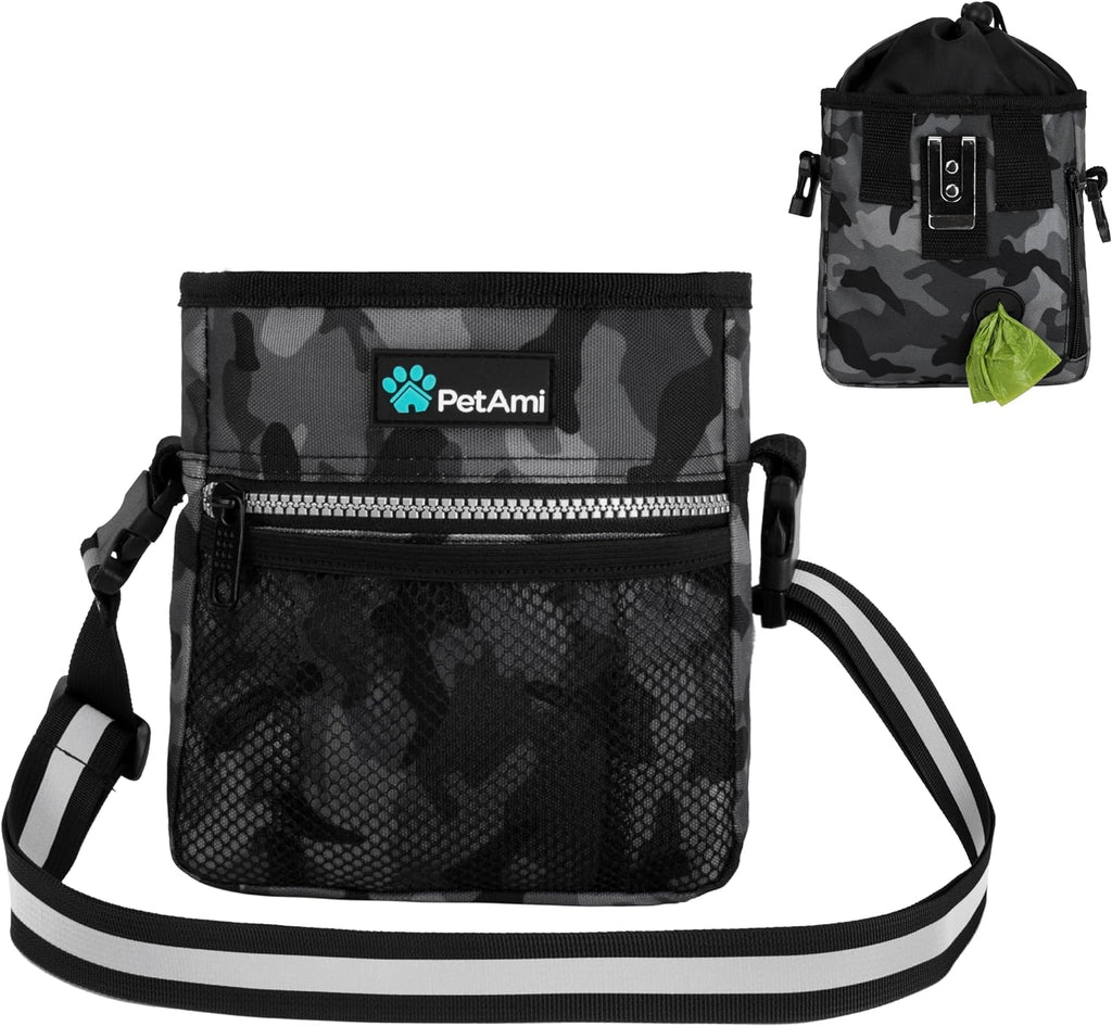 Camo Black Dog Treat Pouch - Multi-Functional Training Bag with Poop Bag Dispenser & 3 Convenient Wear Options