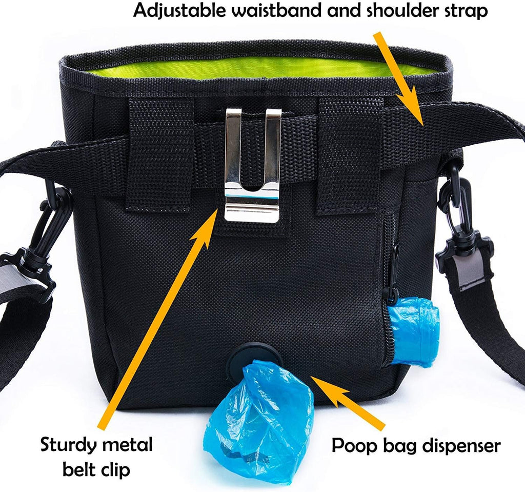 Ultimate Dog Training Treat Pouch with Poop Bag Dispenser, Pro Clicker, Collapsible Bowl & Reflective Strap - Black/Green