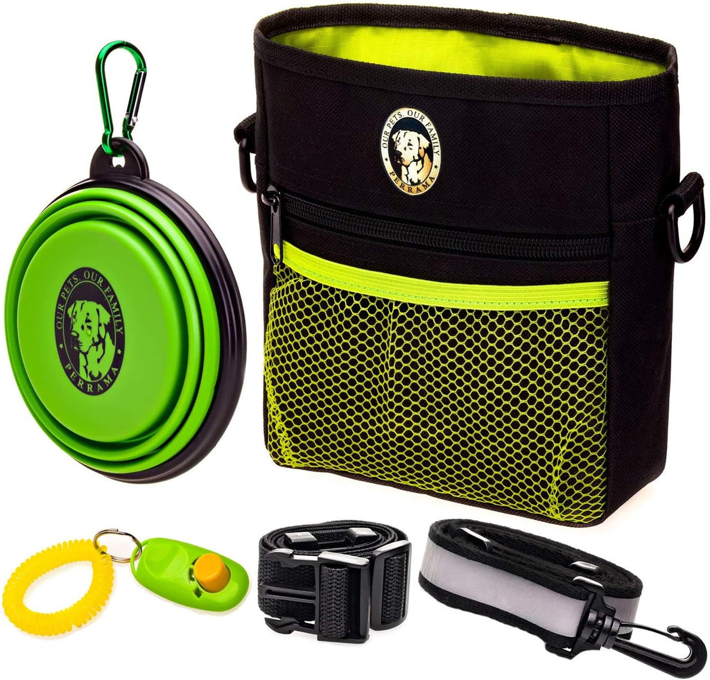 Ultimate Dog Training Treat Pouch with Poop Bag Dispenser, Pro Clicker, Collapsible Bowl & Reflective Strap - Black/Green
