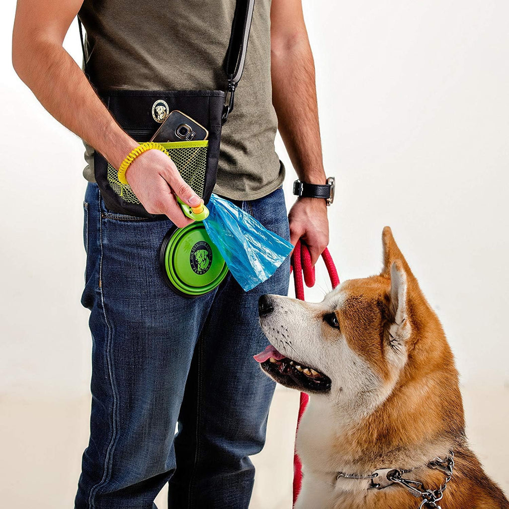 Ultimate Dog Training Treat Pouch with Poop Bag Dispenser, Pro Clicker, Collapsible Bowl & Reflective Strap - Black/Green