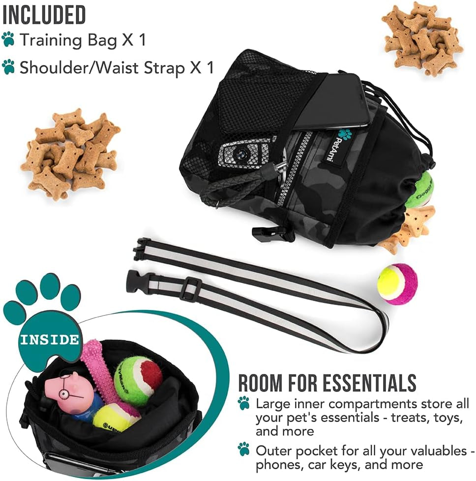 Camo Black Dog Treat Pouch - Multi-Functional Training Bag with Poop Bag Dispenser & 3 Convenient Wear Options