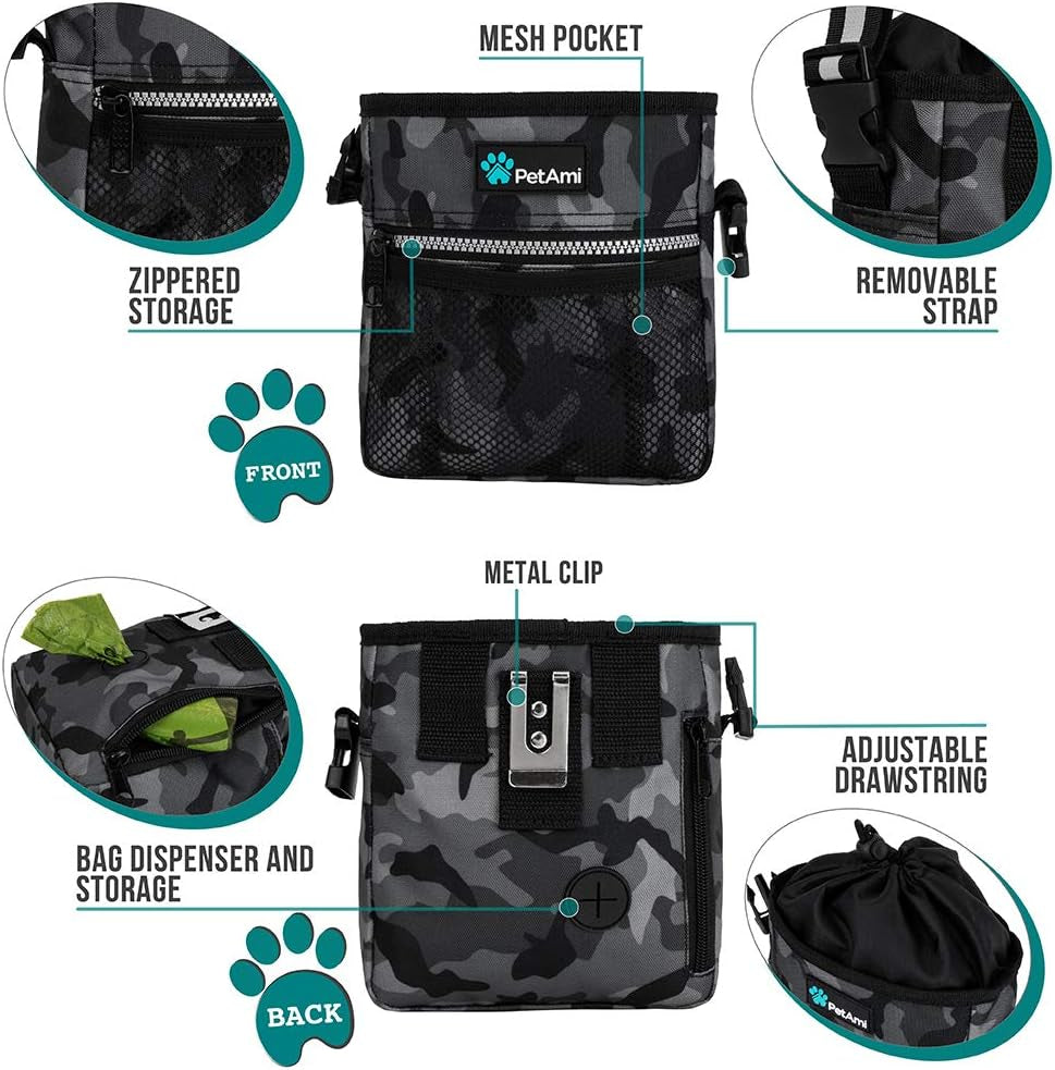 Camo Black Dog Treat Pouch - Multi-Functional Training Bag with Poop Bag Dispenser & 3 Convenient Wear Options