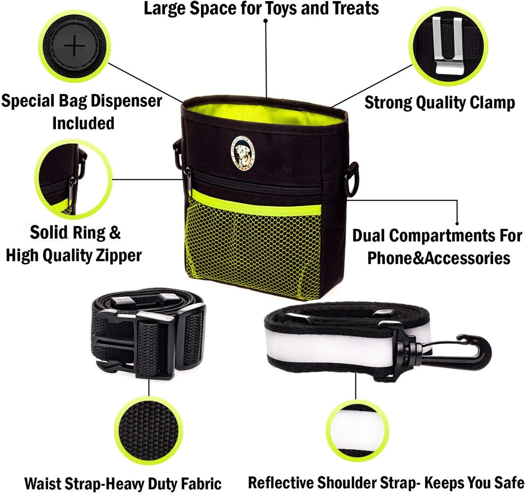 Ultimate Dog Training Treat Pouch with Poop Bag Dispenser, Pro Clicker, Collapsible Bowl & Reflective Strap - Black/Green