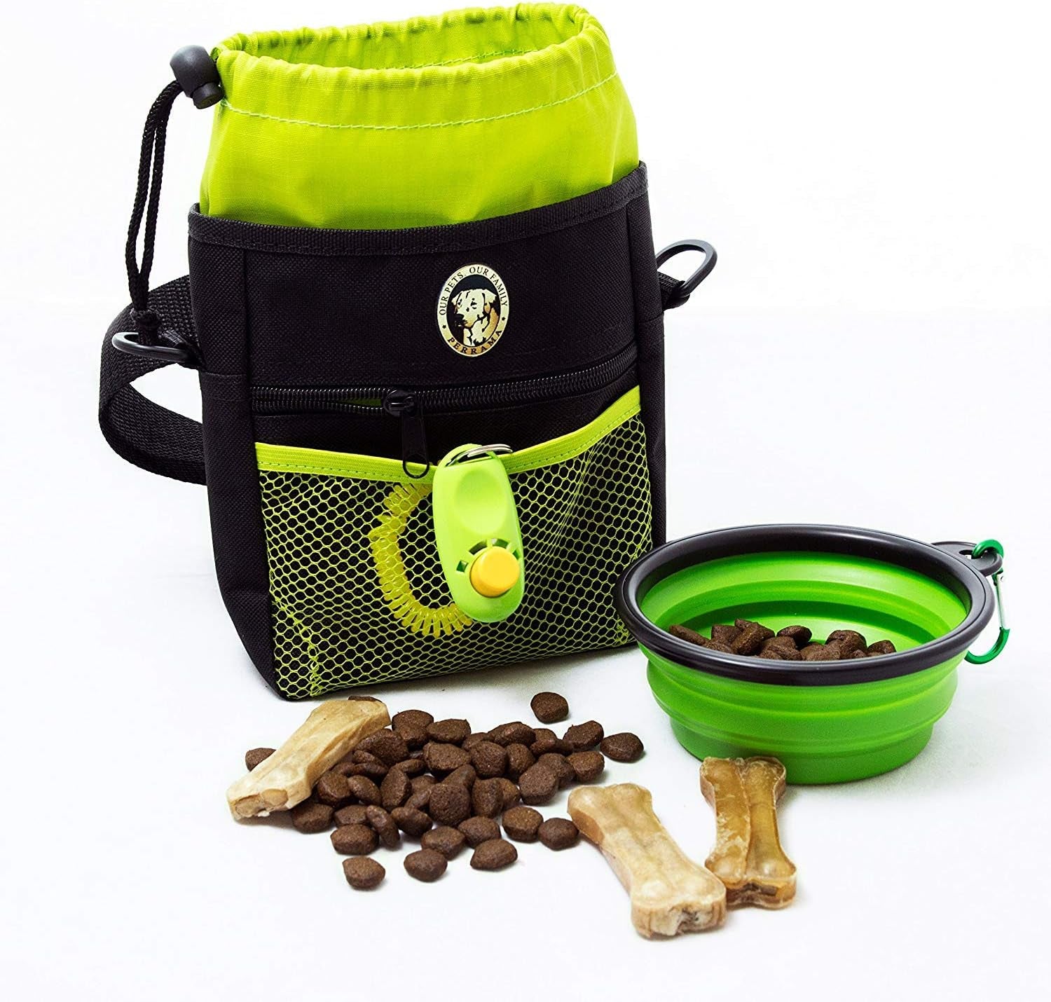 Ultimate Dog Training Treat Pouch with Poop Bag Dispenser, Pro Clicker, Collapsible Bowl & Reflective Strap - Black/Green
