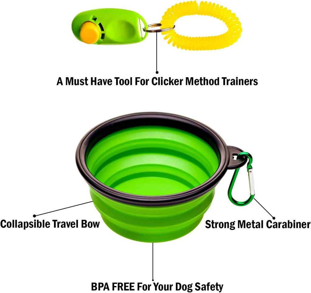 Ultimate Dog Training Treat Pouch with Poop Bag Dispenser, Pro Clicker, Collapsible Bowl & Reflective Strap - Black/Green